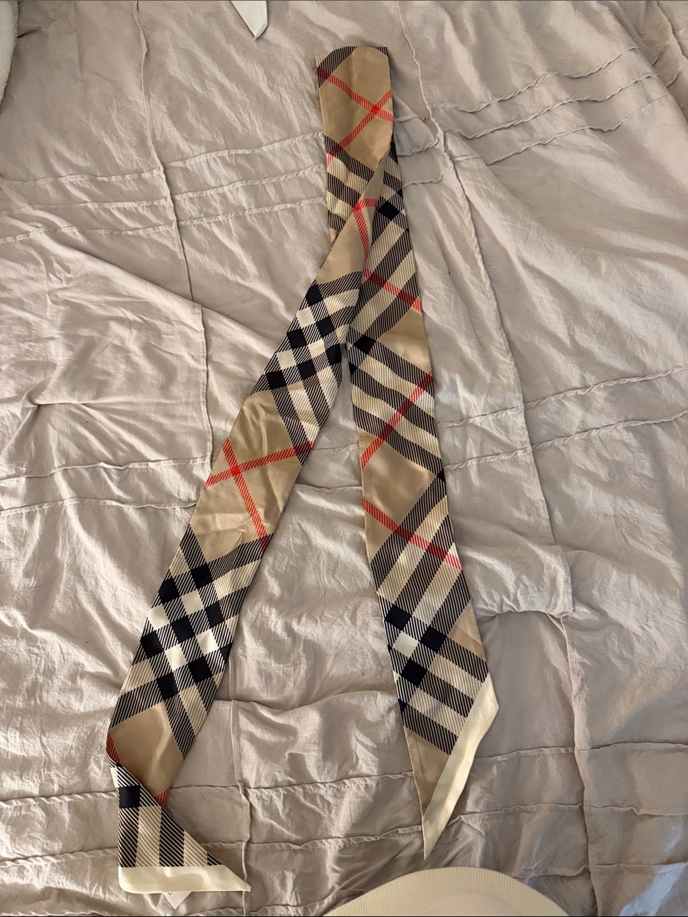 Burberry Skinny Check Scarf in Beige, Black & Red Trim